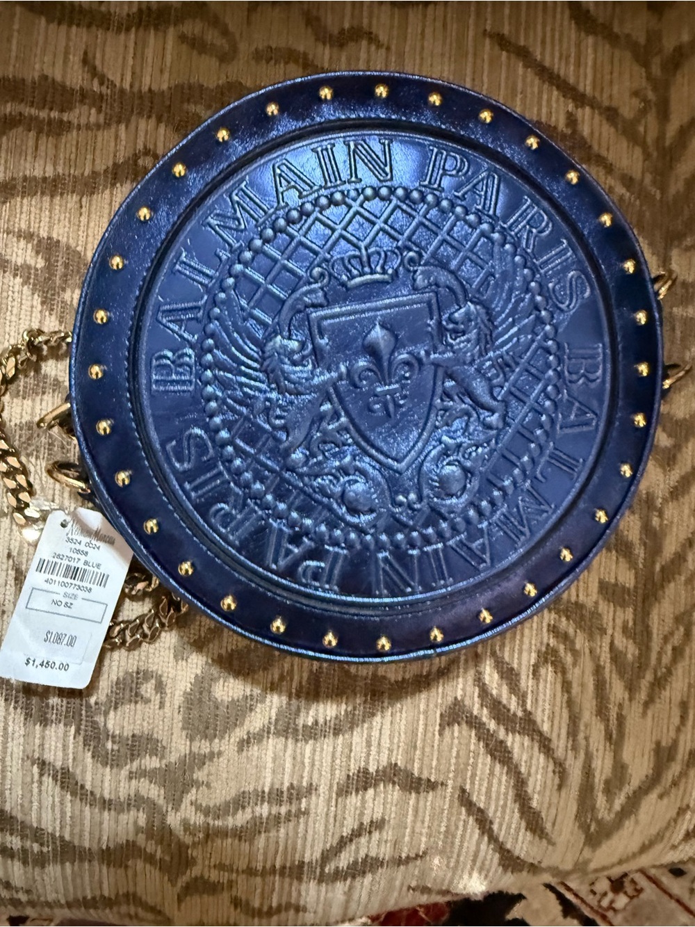 Balmain Navy Blue Round Embossed Crossbody with Gold Studs - Picture 4 of 7